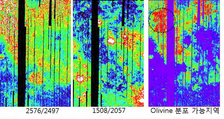 Ratio Result Maps of the reflection wavelength band to the absorption wavelength band and Possibility Map of olivine