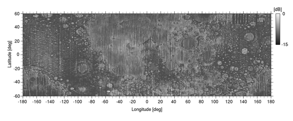 LRS-SAR image surface projection on the datum. LRS-SAR range-echo data was projected onto the lunar datum. The pixel size of this image is  ×. Illumination is eastward