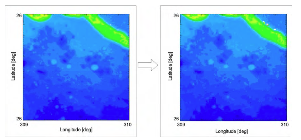 An original 1/4096 degrees pixel KAGUYA DTM data (left) and its 0.01 degrees pixel version (right)