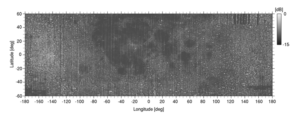 LRS-SAR image surface projection: LRS-SAR range-echo data was projected on the lunar surface of which terrain was taken into account. The pixel size of the image is  ×. Illumination is eastward