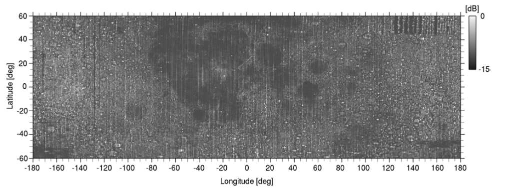 LRS-SAR image surface projection: LRS-SAR range-echo data was projected onto the lunar surface of which terrain was taken into account. The range dependence of the echo intensity was compensated. The pixel size of the image is  ×. Illumination is eastward