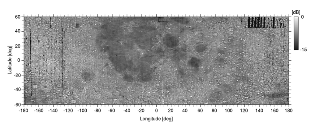 LRS-SAR image surface projection after compensation of incidence angle dependence of the echo intensity. The pixel size of the image is  ×. Illumination is eastward