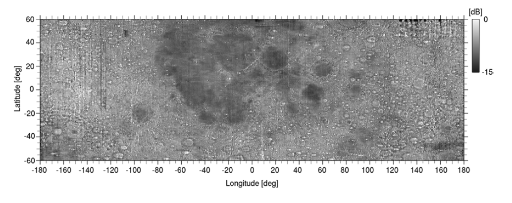 LRS-SAR image surface projection after interpolation of null-data pixels. The pixel size of the image is  ×. Illumination is eastward