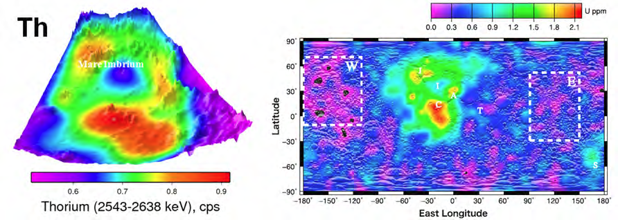 가구야 감마선 분광기 자료를 이용하여 제작한 달 표면의 부분적인 토륨(왼쪽)과 우라늄(오른쪽) 분포도.