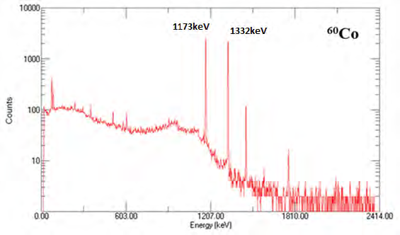 HPGe 검출기를 이용하여 백그라운드 차폐 없이 60Co를 600 초 동안 측정한 감마선 분광 스펙트럼.