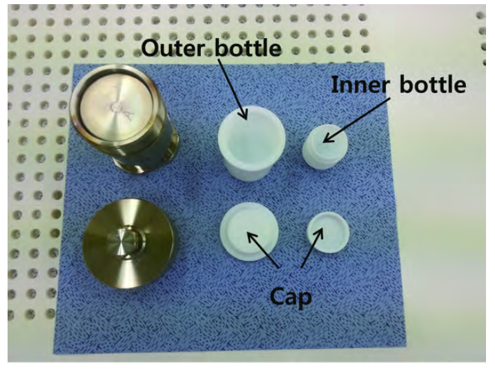 Photo of the Sealed Decomposition Vessel. The sample PTFE Savillex vial is taken into the inner PTFE bottle with mixture of acids. Then, inner bottle is taken into the outer PTFE bottle with ultrapure water. In this experiment, we put 5 ml of ultrapure water into the outer PTFE bottle.