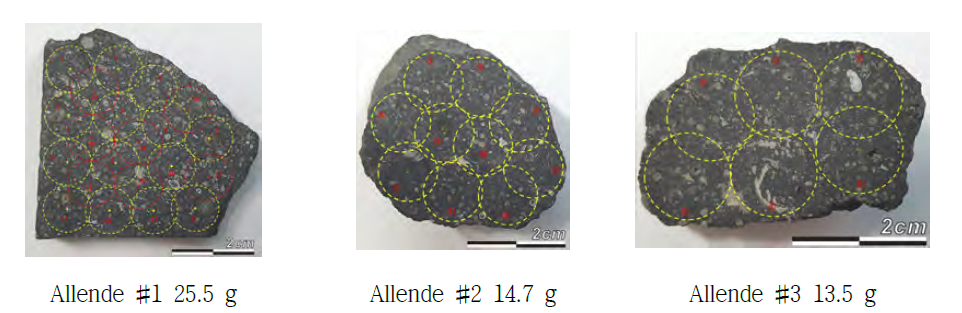 Allende meteorite specimens used for EDX analysis in this study. Yellow and red circles are analytical spots (1 cm diameter)