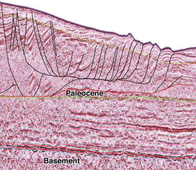 A prestack time-migrated seismic section of Ruvuma Basin, showing numerous toe thrusts. The toe thrusts act as a migration pathway for the gas generated in the Jurssic to Cretaceous source rocks (Source: Spectrum Geo).