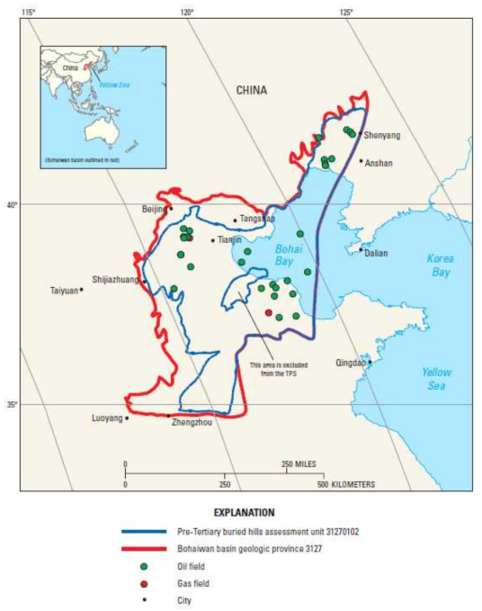 Shahejie-Shahejie/Guantao/Wumishan 석유시스템의 제 3기 이전 매몰된 고(古) 언덕 지형 유망 그룹의 분포.