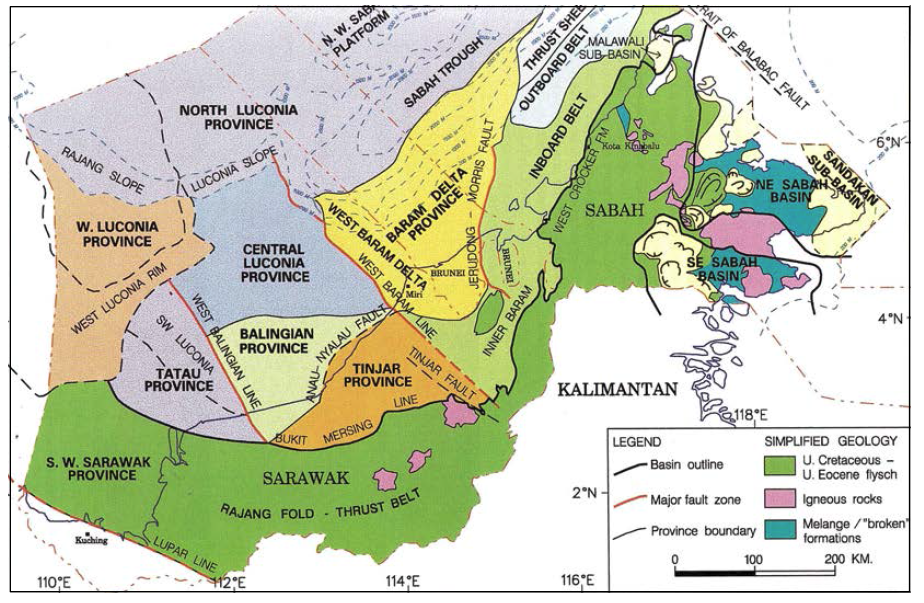 Sedimentary basins and structural-stratigraphic provinces of the northern and eastern continental margins of Sarawak and Sabah basins.
