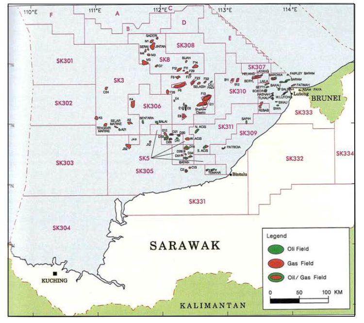 Map of Sarawak and its offshore area, showing major hydrocarbon discoveries and producing oil and gas fields.
