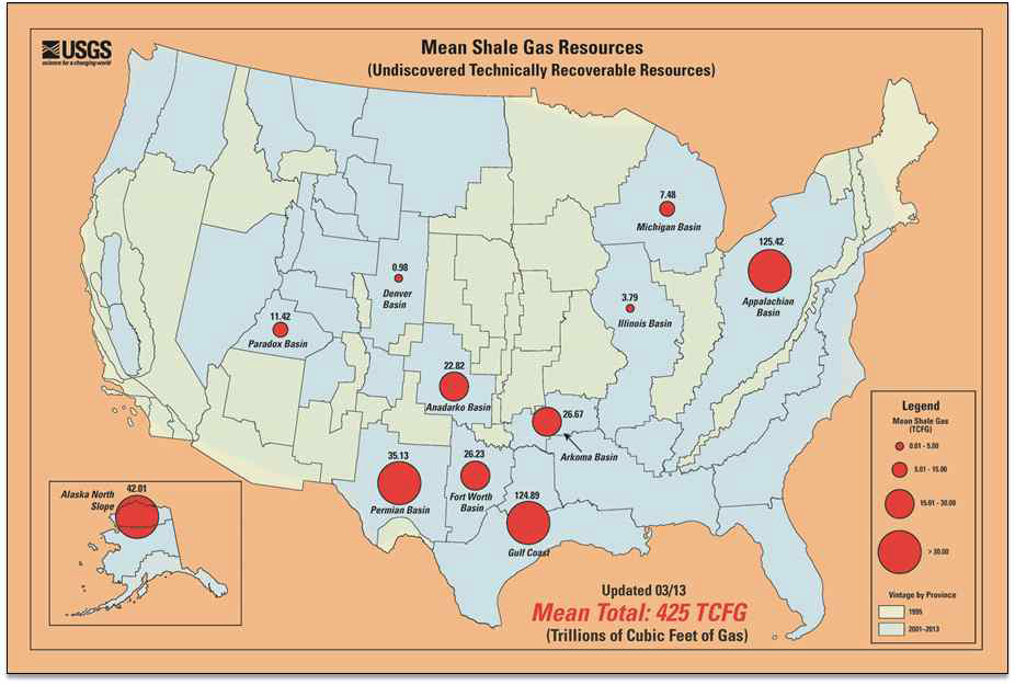 미국 내 셰일가스 자원량 분포