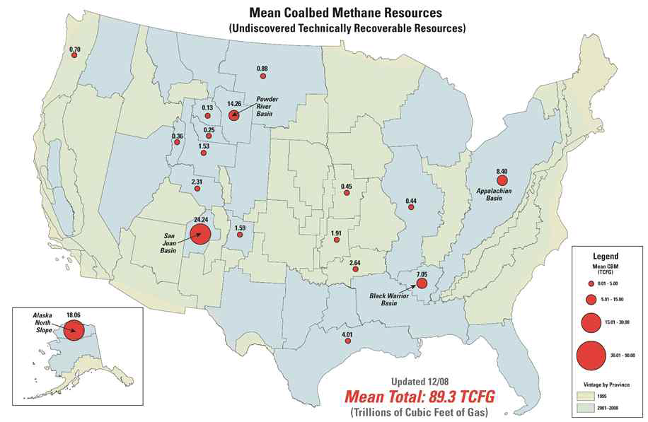 미국 내 석탄층가스 자원량 분포