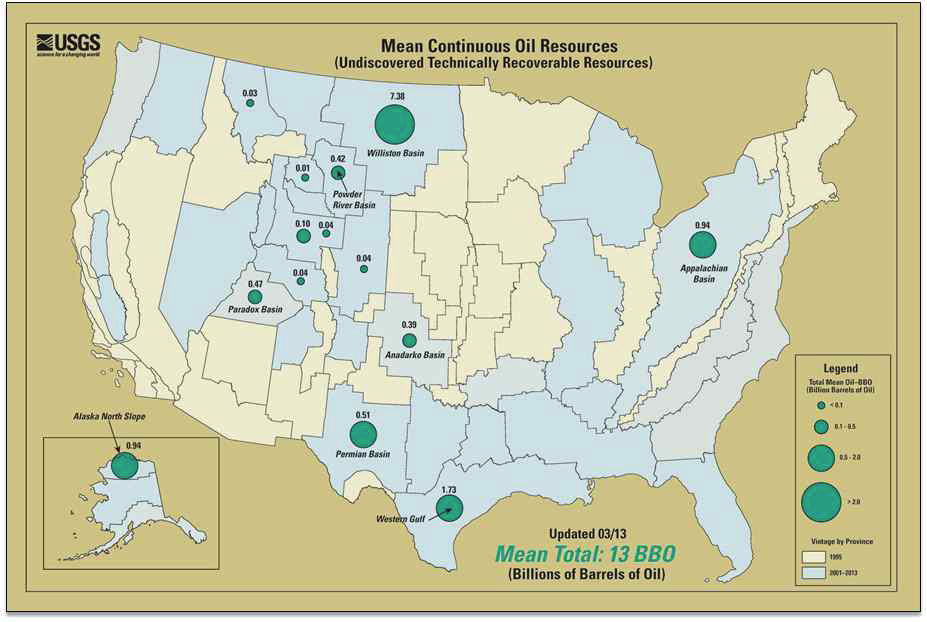 미국 내 셰일오일 및 치밀오일 자원량 분포