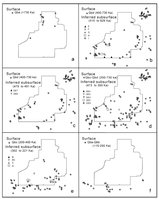 아이다호주에 분포하는 화산지역의 표면 및 추정된 지하 화산암의 연대 관련 지도