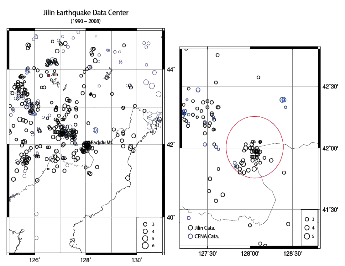 지린성 지진목록에 의한 1990년부터 2008년까지 진앙분포도(좌)와 백두산 일원의 확대도(우)