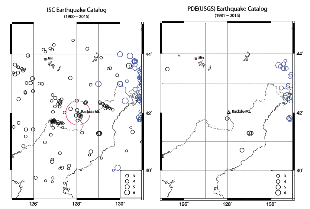 Interenational Seismological Centre(ISC) 지진 목록과 USGS의 Preliminary Determination of Epicenters(PDE) 지진 목록에 의한 백두산 일원에서의 진앙분포도 (a) ISC 진앙분포도(1900~2015) (b) PDE(1981-2013.2) + QED(2014.3~2015) 진앙분포도