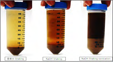 물, NaOH, NaOH+초음파 분산 및 용출실험
