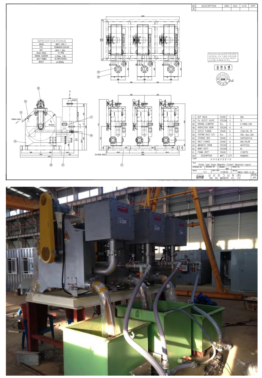 VORTEX TYPE 습식자력선별기 설계 도면 및 설치 제품.