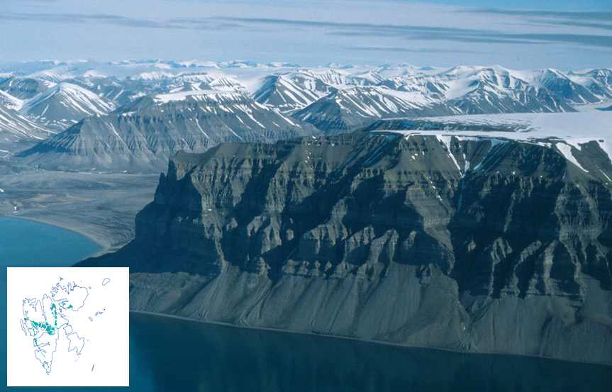 Templet mountain in the end of Isfjorden, Svalbard consists of flat lying sediments from the Permian period