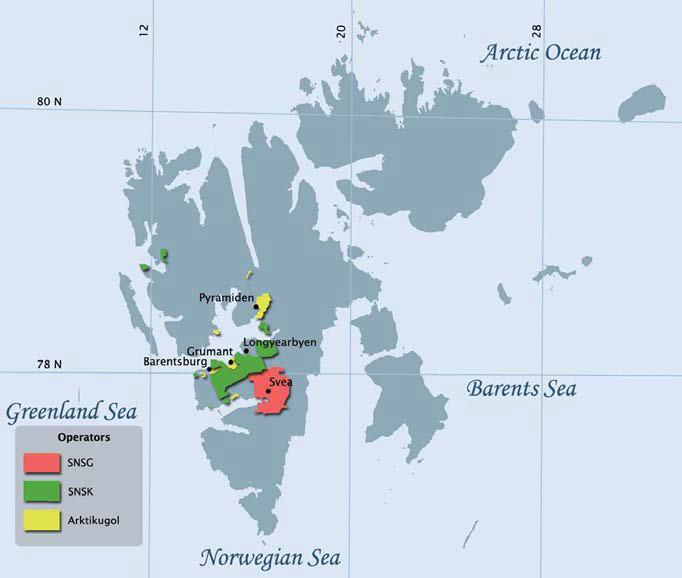 Coal mines and operators in Svalbard (ArcticEcon, 2012). SNSG : Store Norske Spitsbergen Grubekompani AS, SNSK : Store Norske Spitsbergen Kulkompani AS.