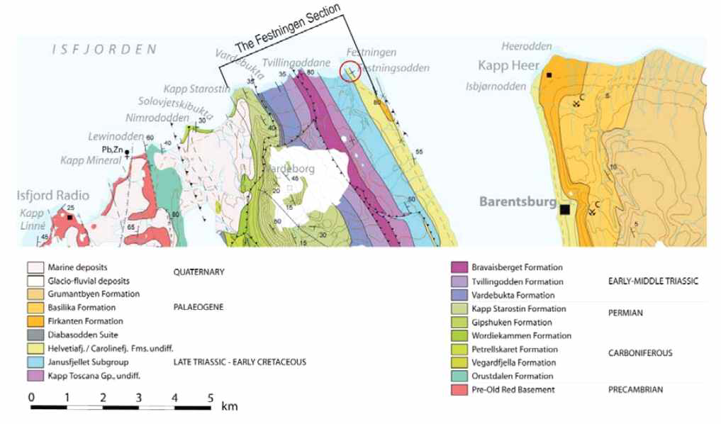 Geological map and stratigraphy around Barentsburg, the Svalbard