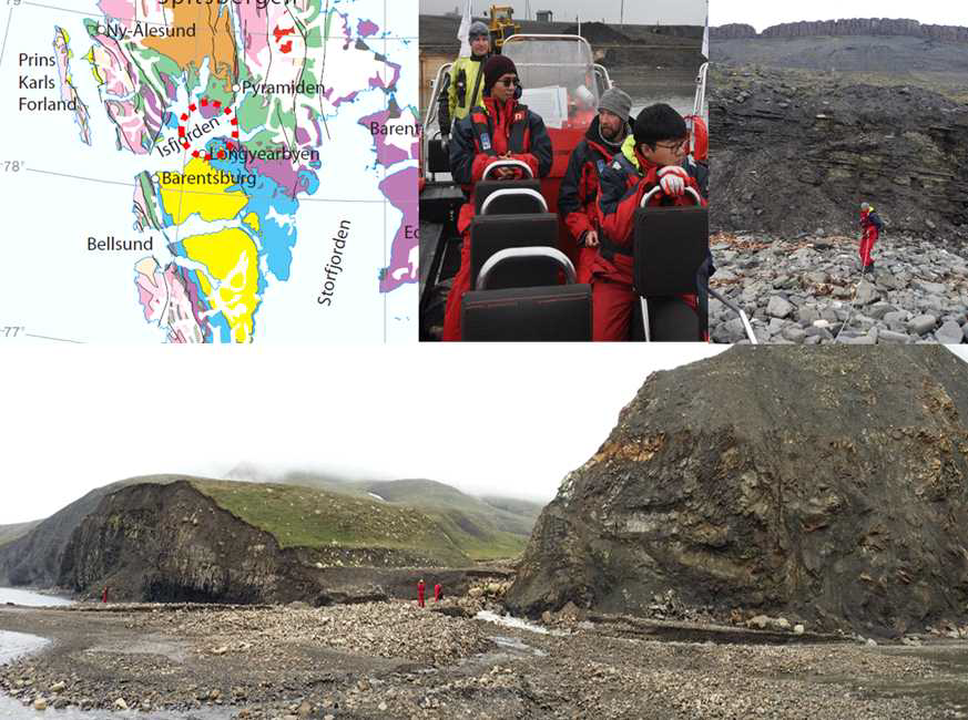 Geologic field trip for hydrocarbon source rock around fjords in Longyearbyen, the Svalbard.