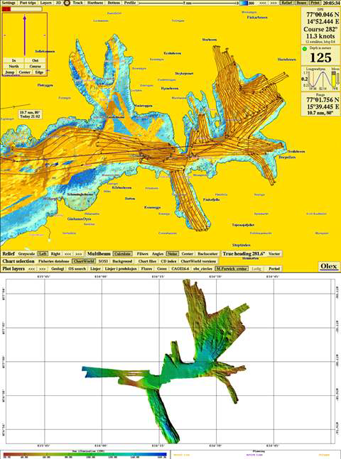 Survey tracks and the result of multibeam bathymetry survey in Hornsund Fjord of the Svalbard.