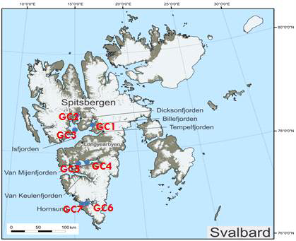 Location map of sediment cores during the Svalbard fjords survey.