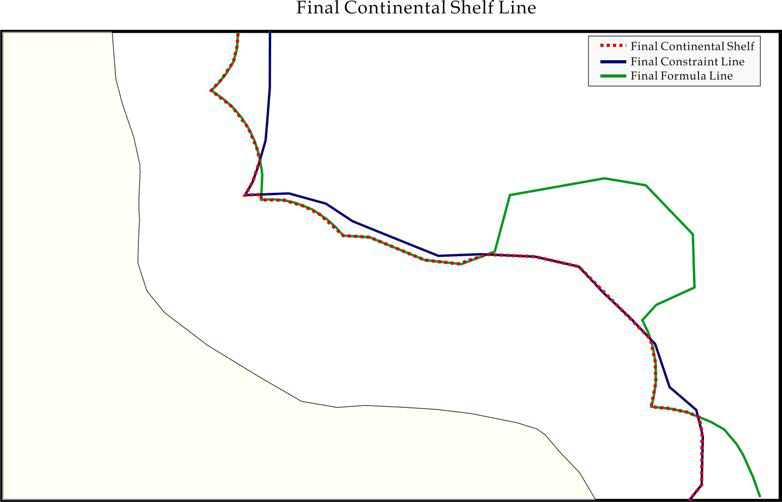 Final outer limit of continental shelf based on the outer envelope of formula line and constraint line