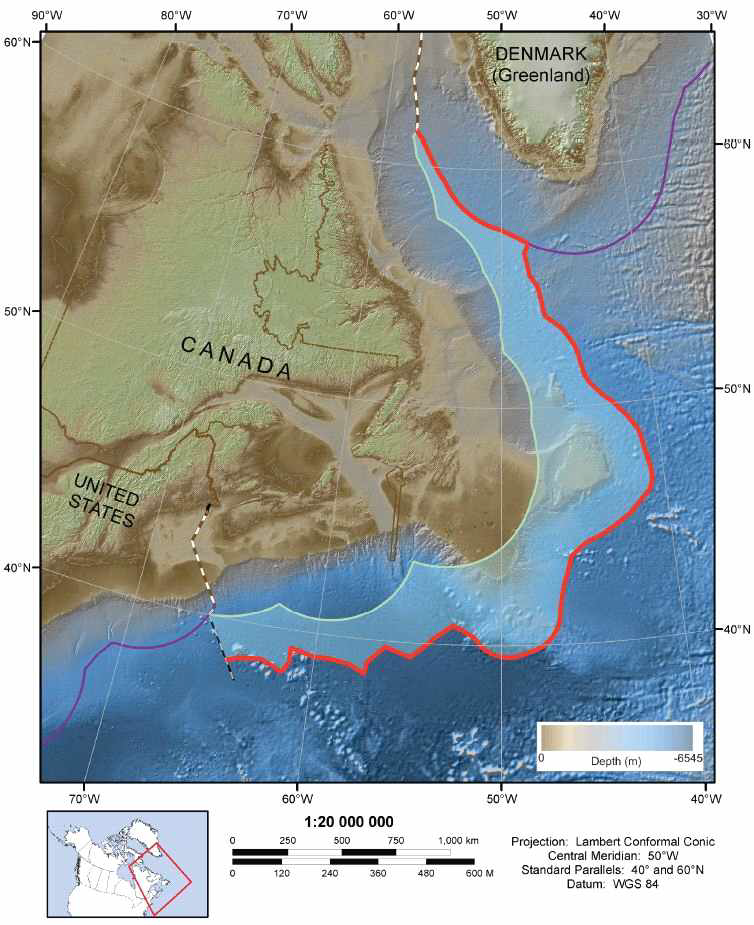 Submitted Canadian continental shelf in the northern Atlantic Ocean.
