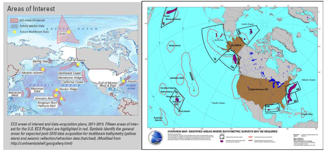 Survey Areas explored by USA in 2011~2015 (left) and the intended areas for the submission of outer continental shelf.