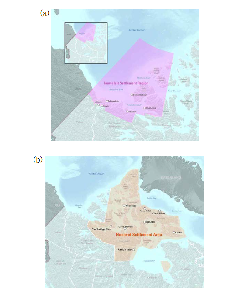 (a) Inuvialuit Settlement Region and (b) Nunavut Settlement Area.