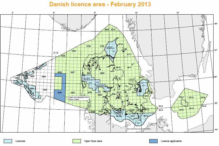 Current licenses issued from Danish government in the North Sea Oil Field. Green color represents the open block as the first come first served basis. Those blocks have not been produced yet