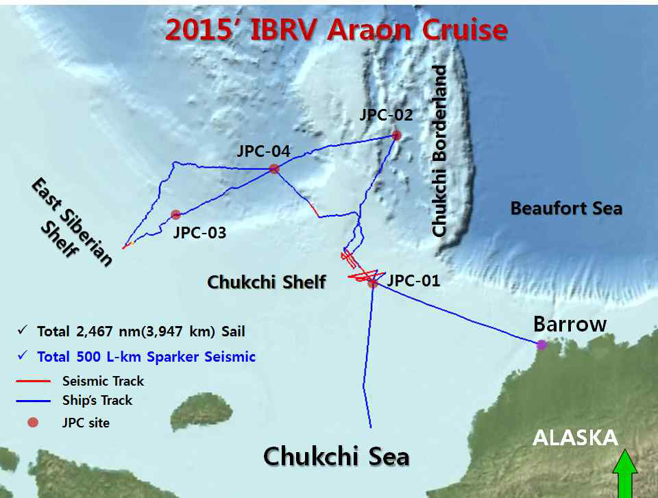 Survey tracks and JPC (Jumbo Piston Corer) sites during 2015 IBRV Araon 2nd Arctic Cruise (ARA06C).