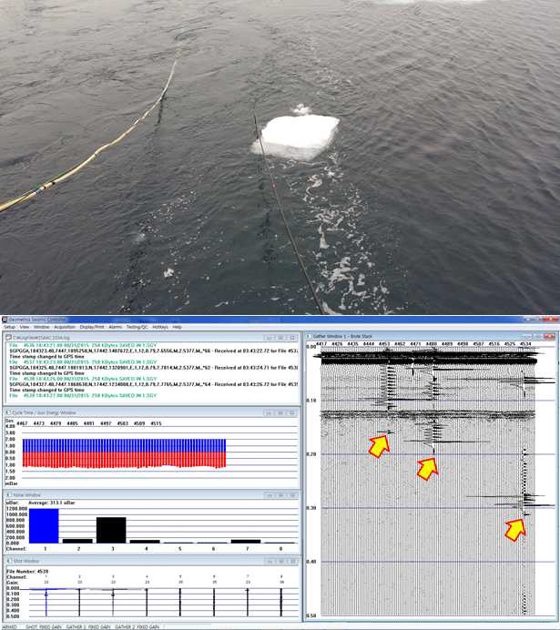 Collision of free-floating sea ice and multichannel streamer during the sparker survey.