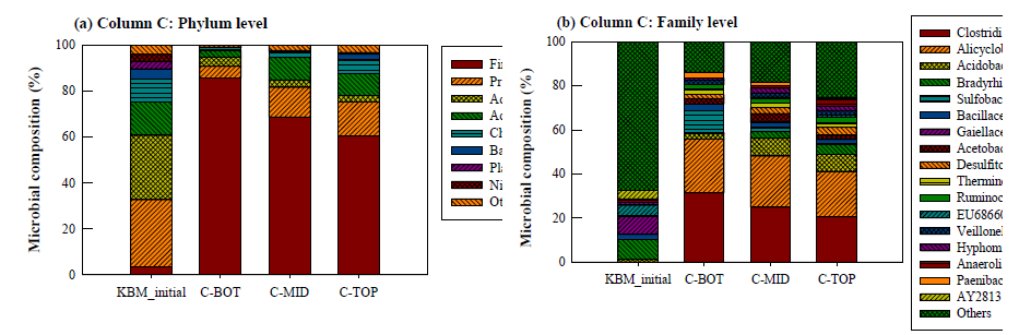 잔류 황산 유입 전 후의 칼럼 C (KBM 충전) 내 상, 중, 하부 미생물 군집 변화 특성 비교