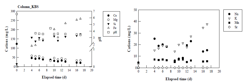 KBS 충전 칼럼의 잔류 불산 (0.1N) 유입에 따른 용출 양이온 농도 및 pH 변화