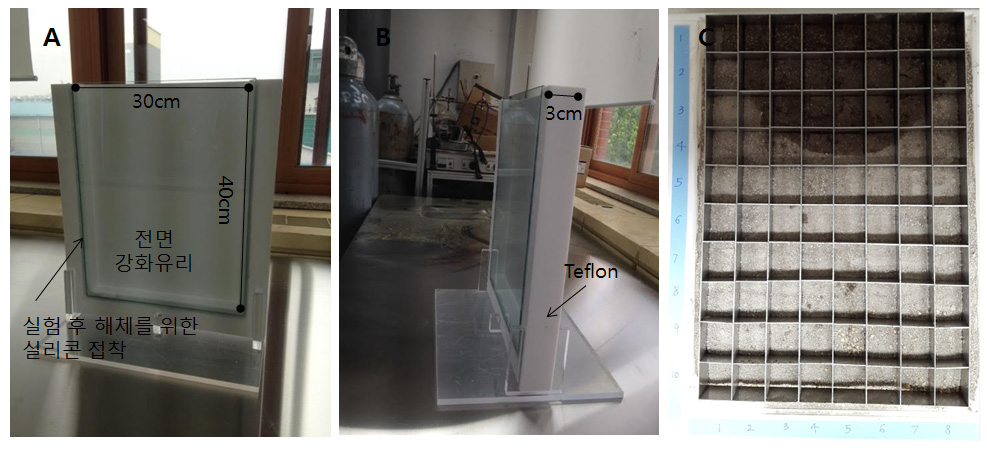 가시화셀의 전면 모습 (A), 측면 모습 (B), 실험후 토양의 샘플링을 위한 격자