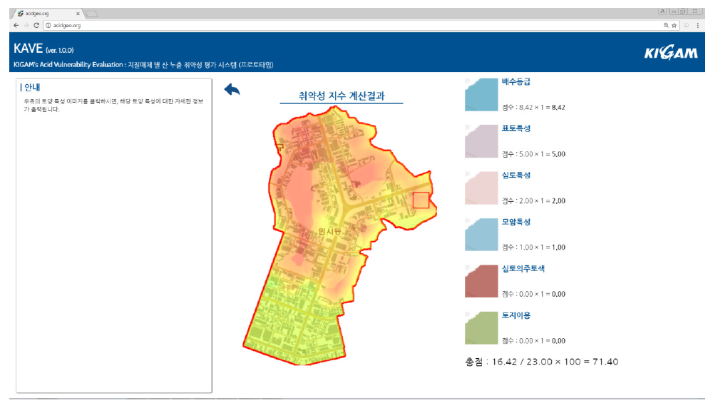 위의 그림의 선택지점을 마우스로 클릭하면 이 화면이 뜬다. 화면은 각 항목-배수등급, 표토특성, 심토특성, 모암특성, 심토의 주토색, 토지이용-별 취약성 값들과 가중치들을 보여주며 이들의 합으로 취약성 지수 계산 결과를 보여준다.