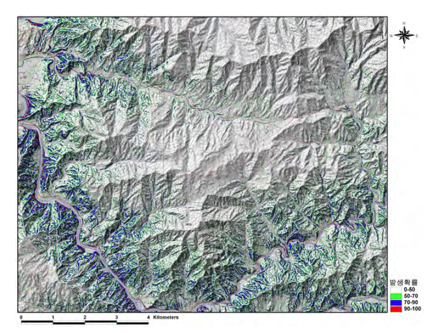 인제지역(덕산리 인근)의 산사태 예측도