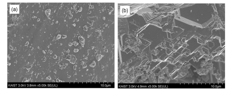 FE-SEM images of (a) chalcopyrite feed and (b) heat-treated chalcopyrite with particle sizes in the range of 105 – 150 ㎛ at 1100 K (827 °C) for 5 h in the presence of sulfur.