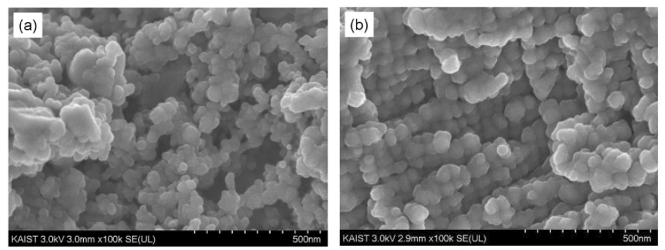 FE-SEM images of the surface of the residues obtained when the experiment was conducted using Cu ore #1 with particle sizes in the range of (a) 45 – 75 ㎛ (Exp. no. 150812) and (b) 75 – 105 ㎛ (Exp. no. 150814).