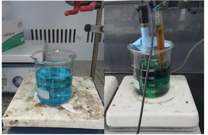 Simulated leaching solution 1, before addition of H2O2 (left) and after addition of H2O2(right)