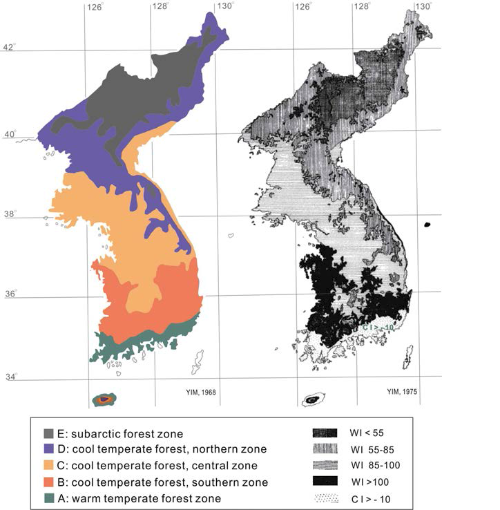 온도지수 범위에 따른 한반도 식생분포 비교