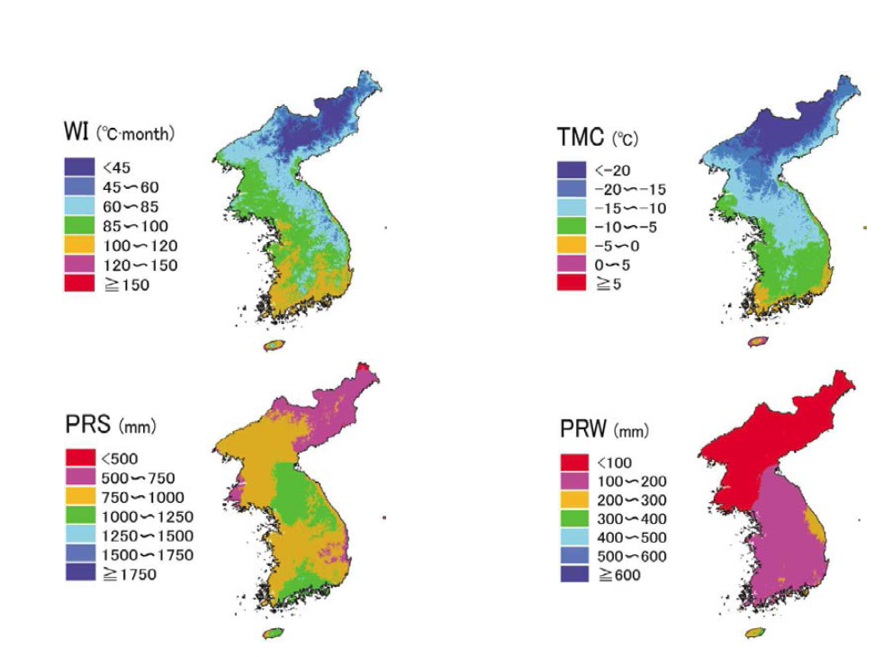 한반도 식생분포에 중요한 4개의 기후변수