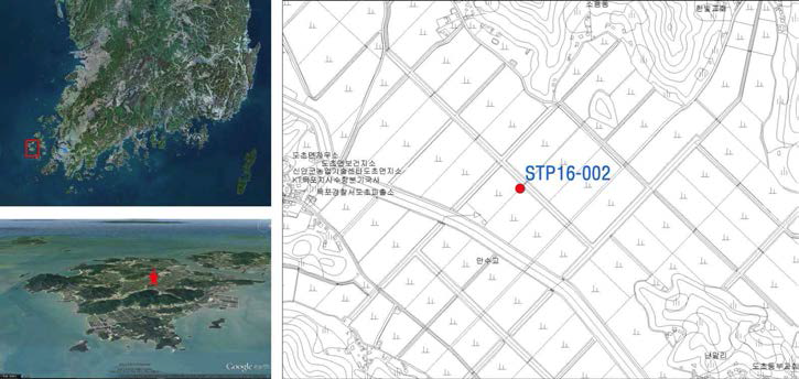 전라남도 신안군 도초면 수다리 연구지역과 시추공 STP16-02위치.