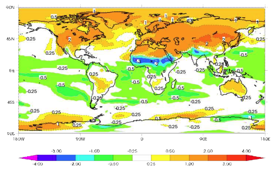 MPI 기후모델이 모사한 여름철 (6-9월) 평균 지표 온도 (surface air; K) 아노말리 (6K – preindustrial).