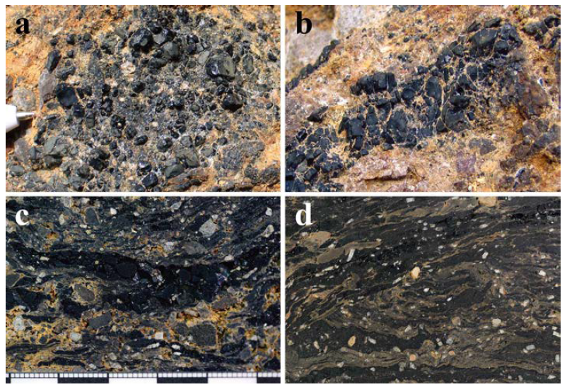 (a-b) obsidian fragment layering, (c-d) Obsidian layers mixed with tuff fragment