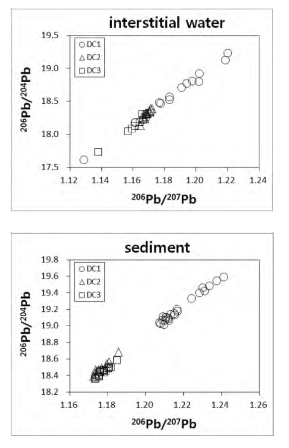 206Pb/204Pb vs 206Pb/206Pb in interstitial water and sediment samples from Daecheong reservoir